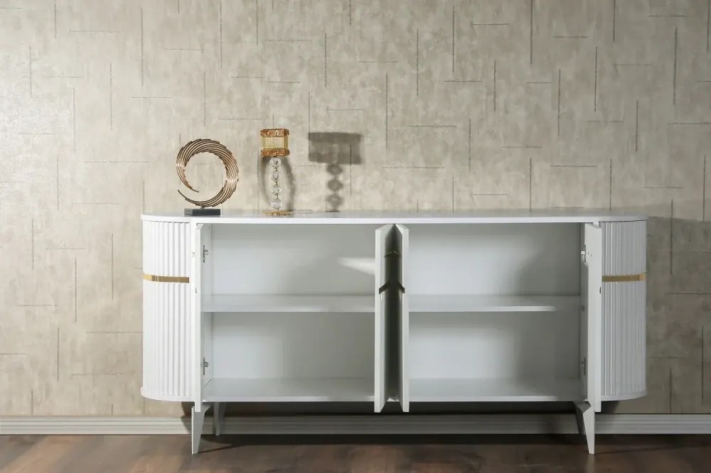 RESIGILAT- Comoda TV cu riflaje, Alb/Auriu, 180x40x80 cm