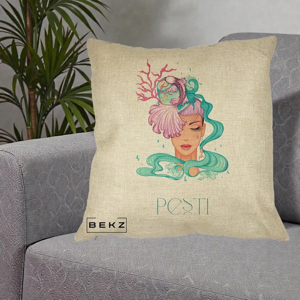 Perna Personalizata Zodiac Pesti Cowgirl, 40x40 cm, Crem, Husa Detasabila, Perna Inclusa, BEKZ®