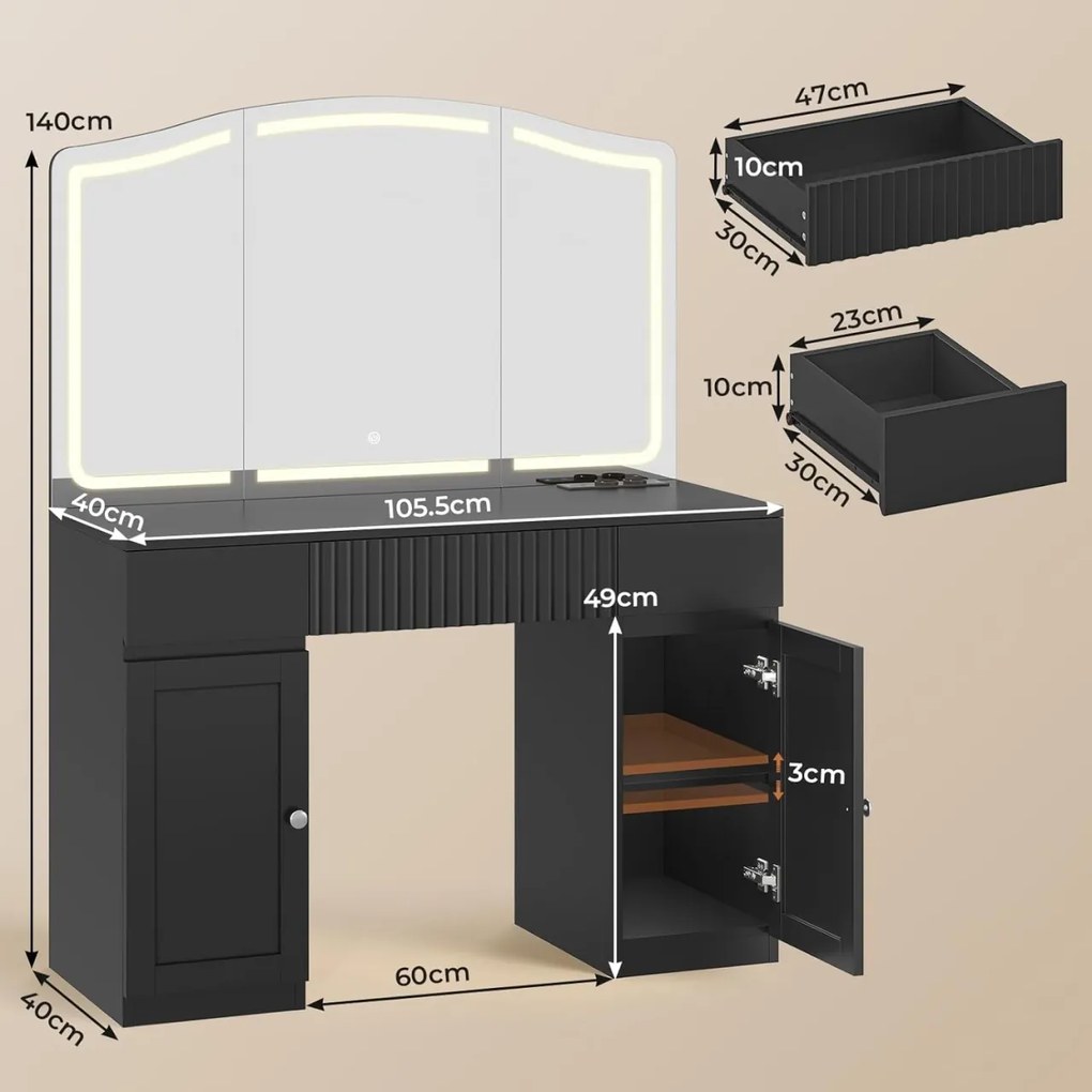 SEA816 - Set Masa toaleta 105 cm, cosmetica, machiaj, oglinda cu LED, masuta vanity, make-up - Alb / Negru