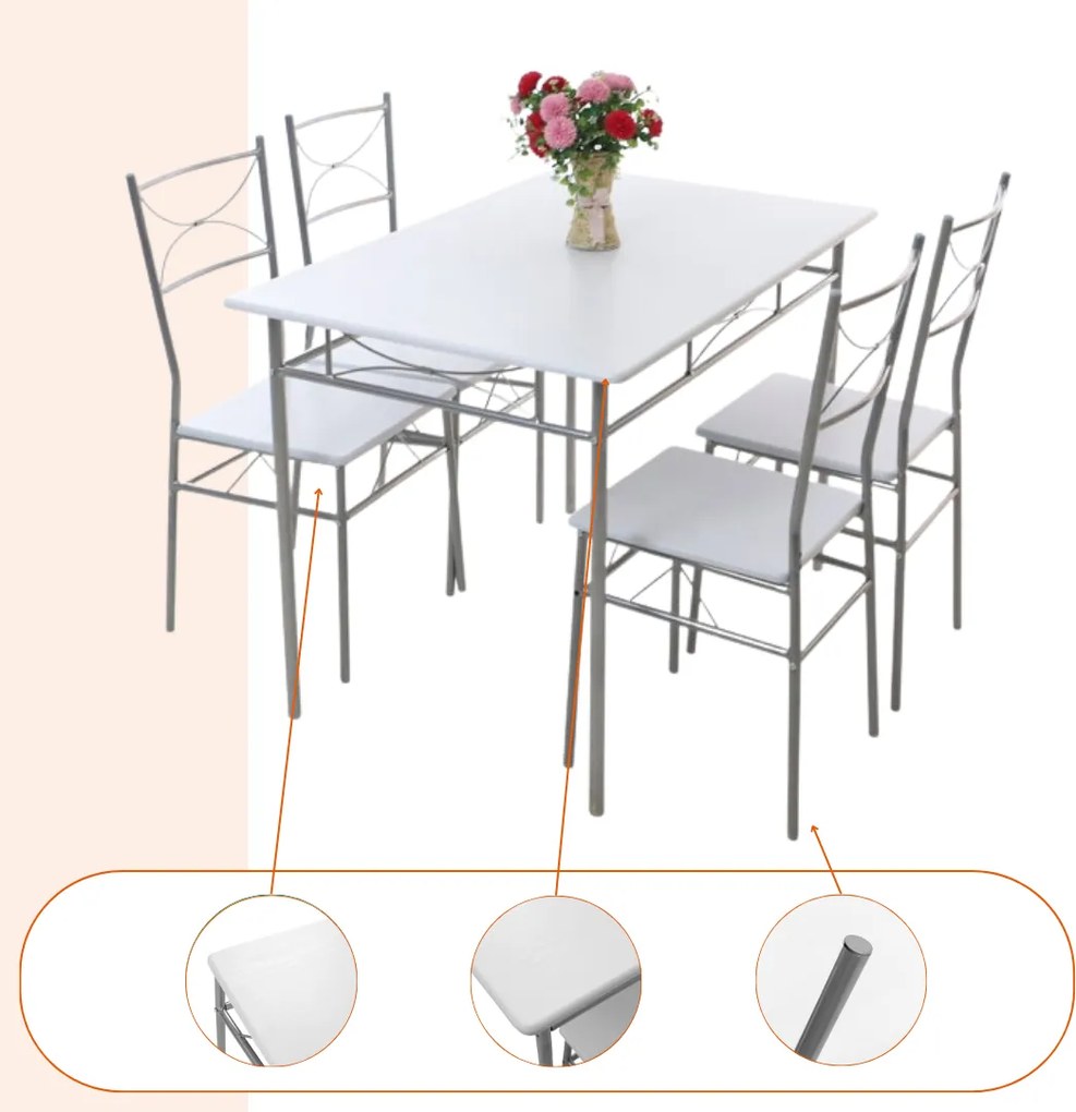 Set de mese de dining PAUL, 5 bucăți, catifea albă Jurhan