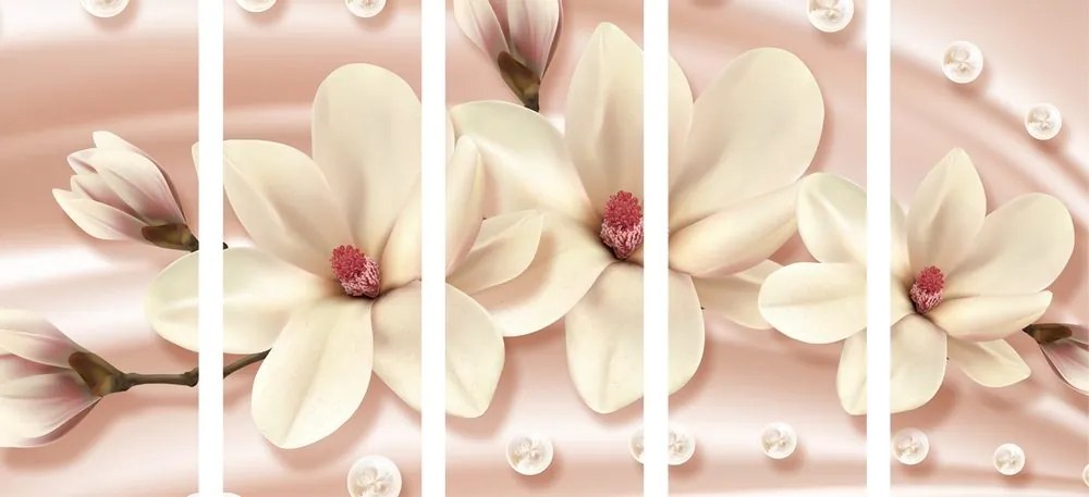 Tablou 5-piese magnolie de lux cu perle