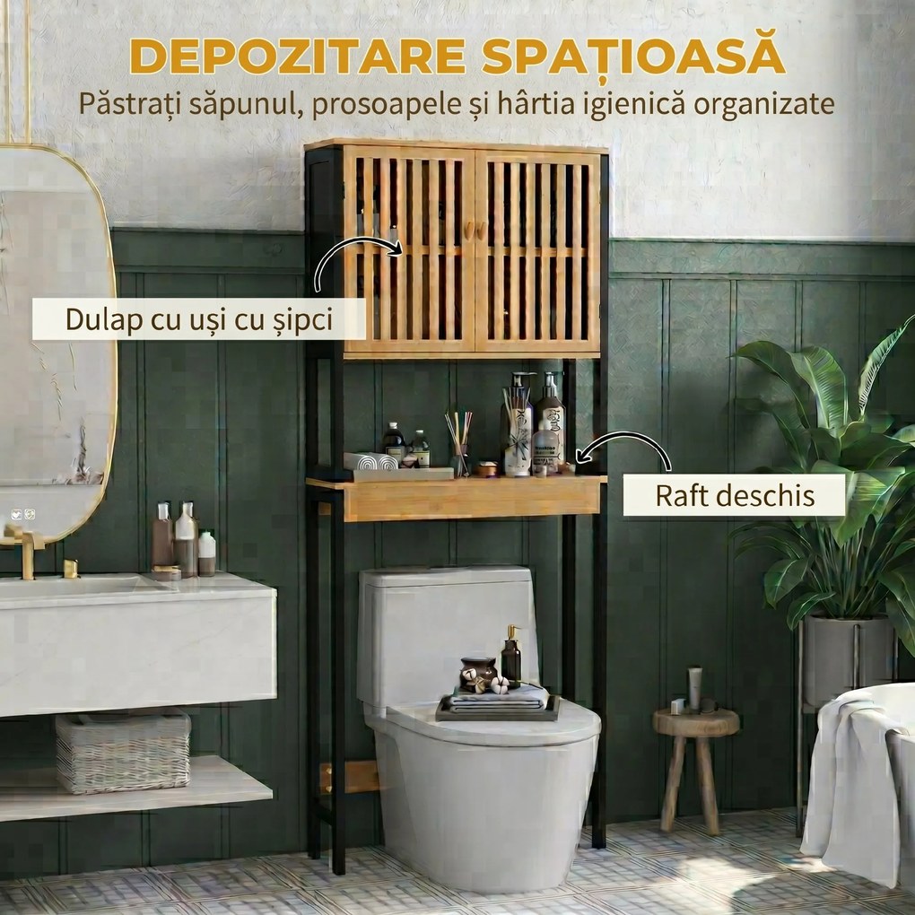 HOMCOM Dulap Baie cu Economie de Spațiu, Dulap Deasupra Toaletei cu 2 Uși și Raft Deschis, 60x21,5x172 cm, Lemn Natural | Aosom Romania