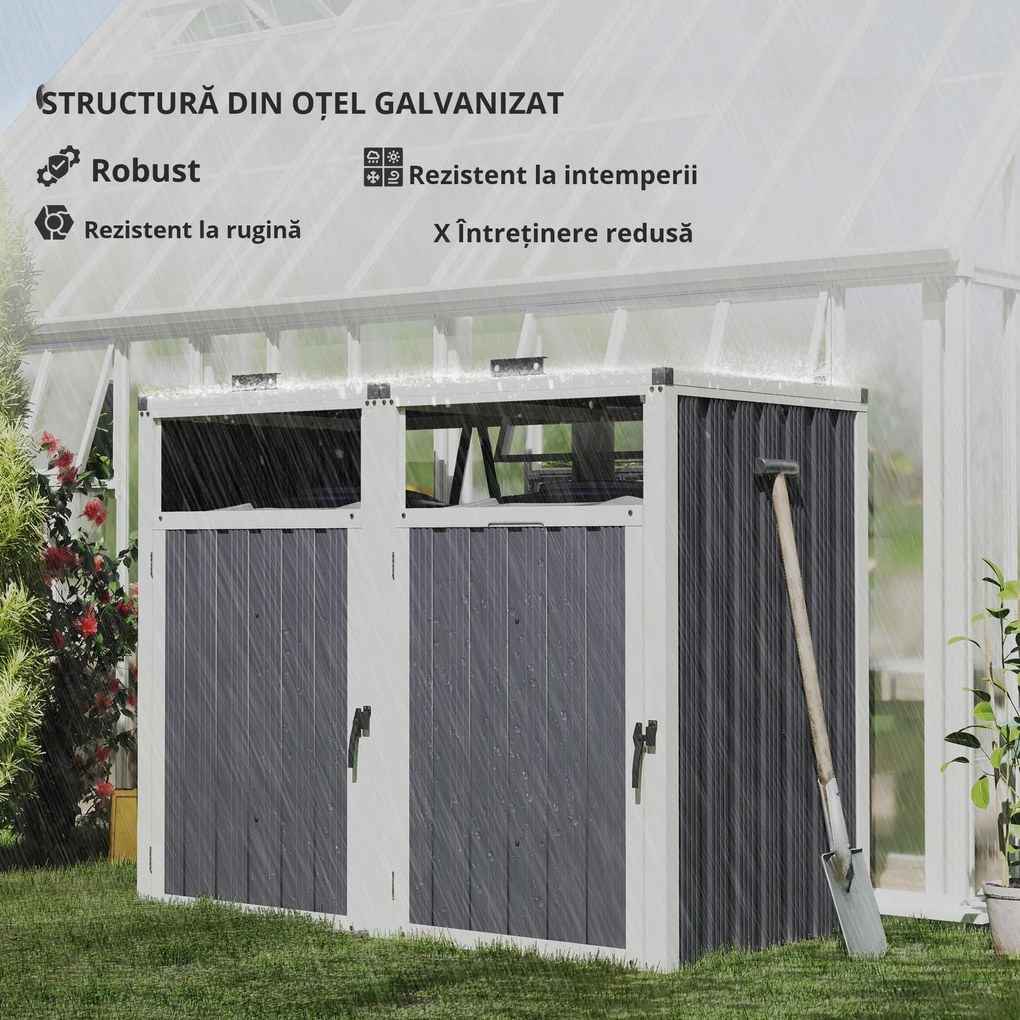 Outsunny Acoperitor pentru Tomberoane de Exterior cu 2 Compartimente, Capac Rabatabil 180°, din Oțel Galvanizat, pentru Grădină sau Patio, 146x81x122 cm, Gri Închis | Aosom Romania