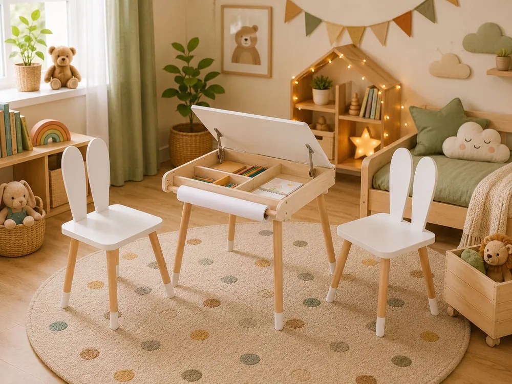 Set pentru copii reglabil BUNNY, masă și 2 scaune, alb/maro ELIS design