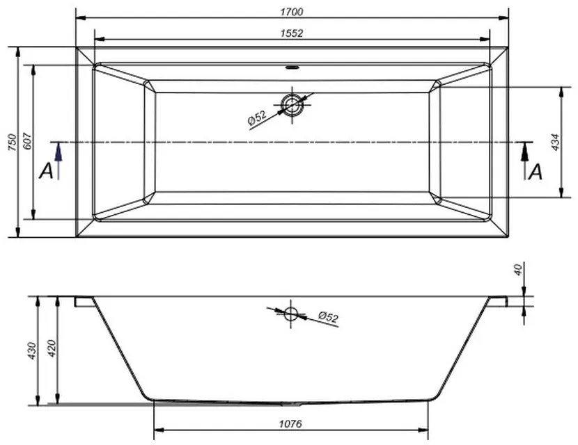 Set cada baie incastrata 170x75 cm Cersanit Intro si baterie cu montare pe cada, crom lucios, Temisto