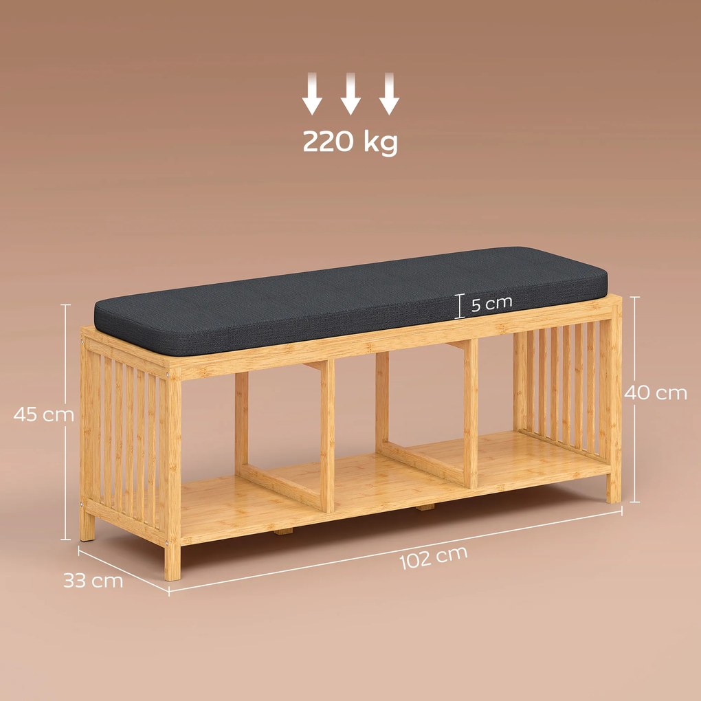 HOMCOM Bancă pentru pantofi din bambus, bancă de hol cu pernă căptușită și raft deschis, aspect lemn natural | Aosom Romania