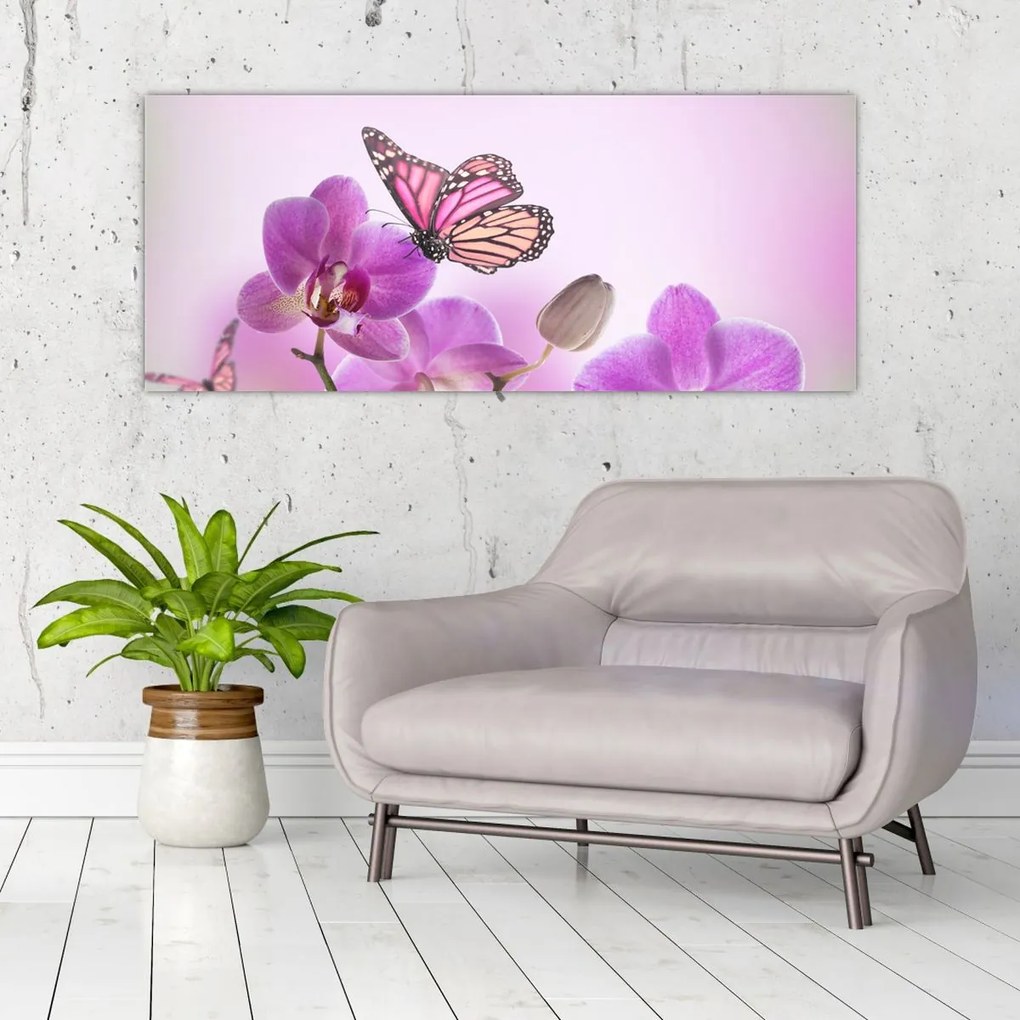 Tablou - Fluture pe flori de orhidee, liliac (120x50 cm)