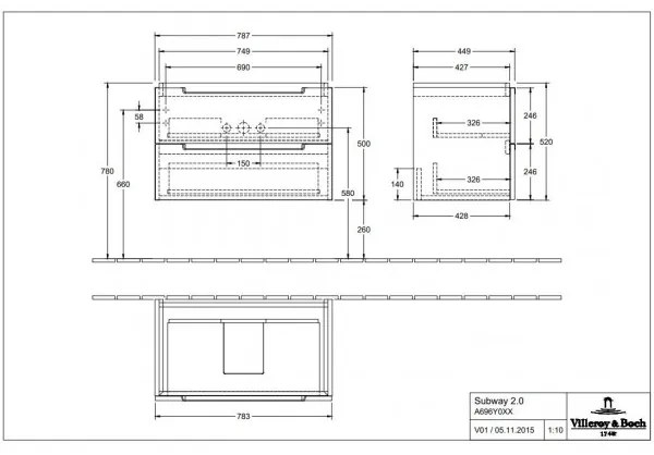 Dulap baza suspendat, Villeroy&amp;Boch Subway 2.0, 78.7x44.9x52cm, alb lucios, A69600DH