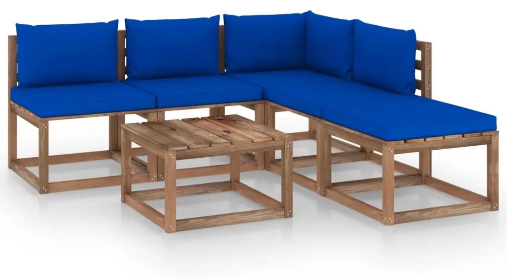 Set mobilier gradina paleti cu perne, 6 piese, lemn pin tratat Albastru, colt + 3x mijloc + 2x masa, 1
