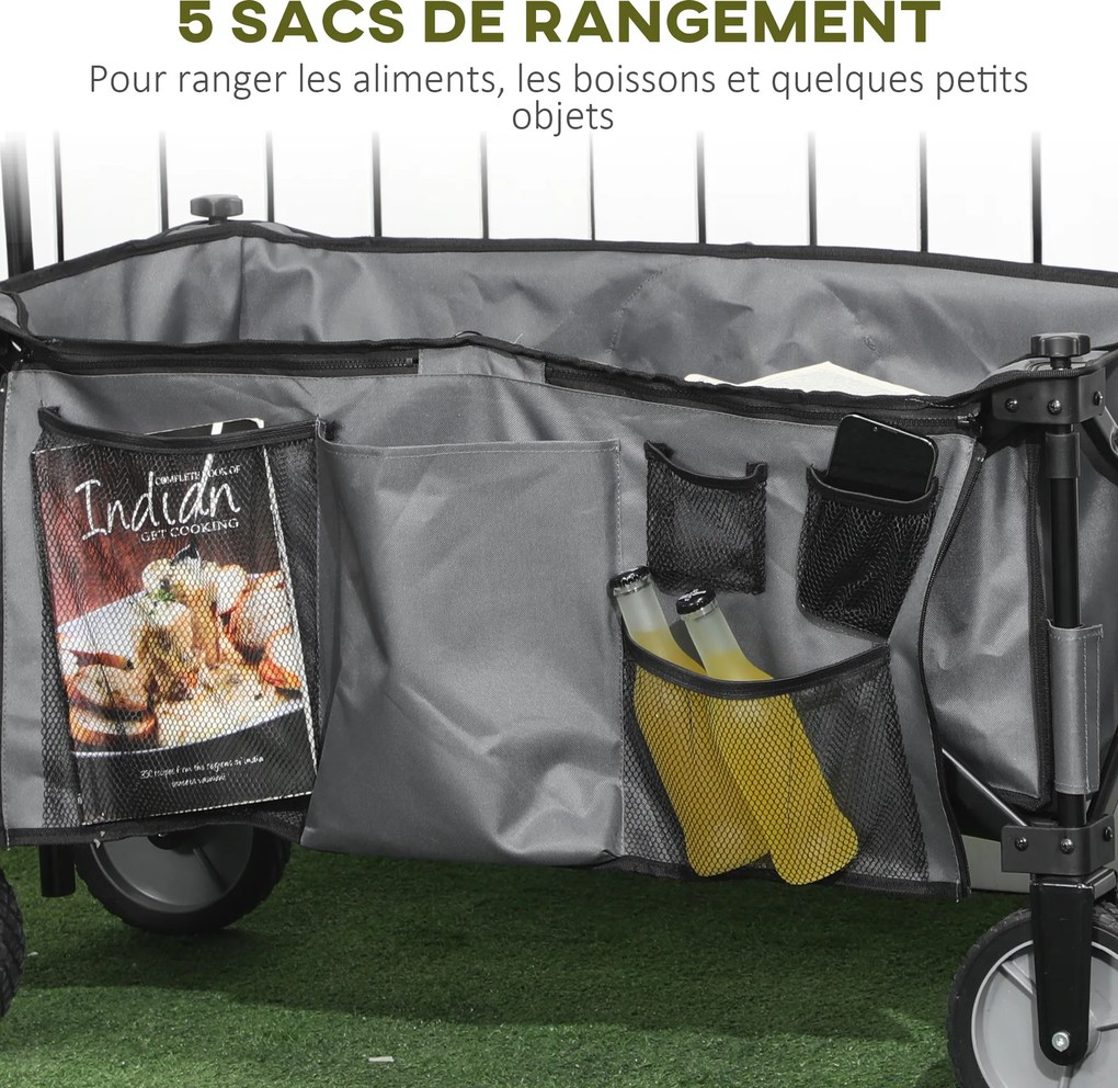 Outsunny Cărucior de grădină pliabil băscuță detașabilă mâner telescopic înclinare reglabilă 5 buzunare 108 x 55 x 93 cm gri închis | Aosom Romania