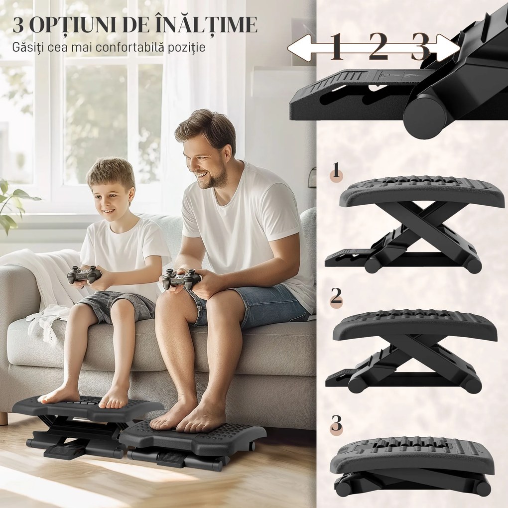 HOMCOM Suport Ergonomic pentru Picioare cu Role de Masaj, Antiderapant și Reglabil pe 3 Înălțimi, 46x35x17 cm, Negru | Aosom Romania