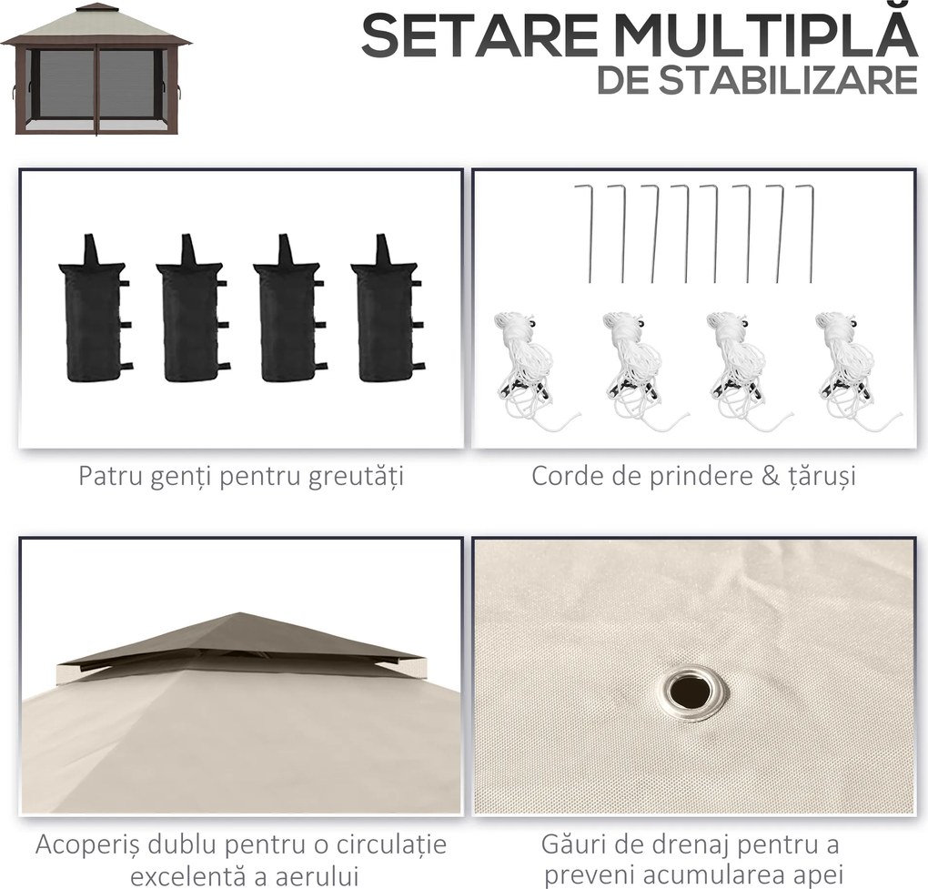 Outsunny Pavilion Pliabil Pop-Up 4x4 m cu Înălțime Reglabilă pe 3 Niveluri, Pavilion de Exterior cu Plasă de Țânțari, Saci de Nisip, Geantă de Transport, UV50+, pentru Grădină, Camping, Petreceri, Bej | Aosom Romania