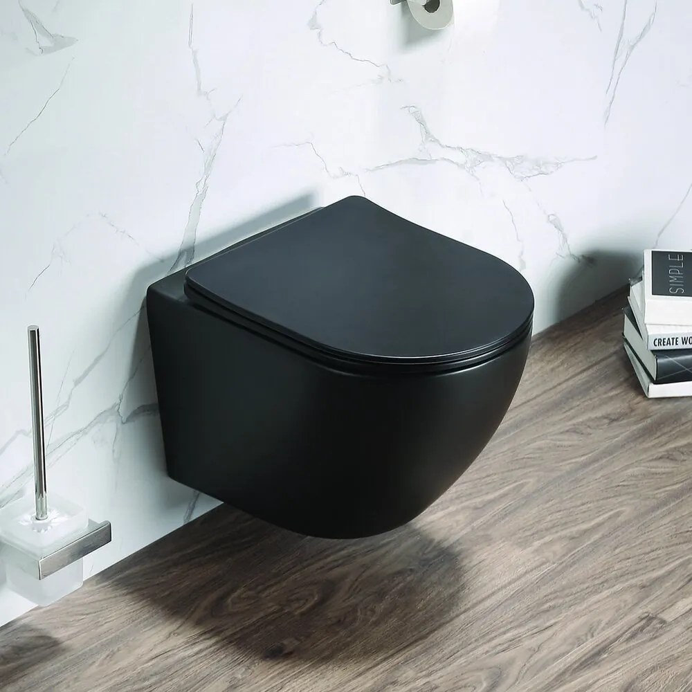 Vas wc suspendat negru mat Rune Ivaldi Tornado rimless, cu sistem vortex si capac slim softclose