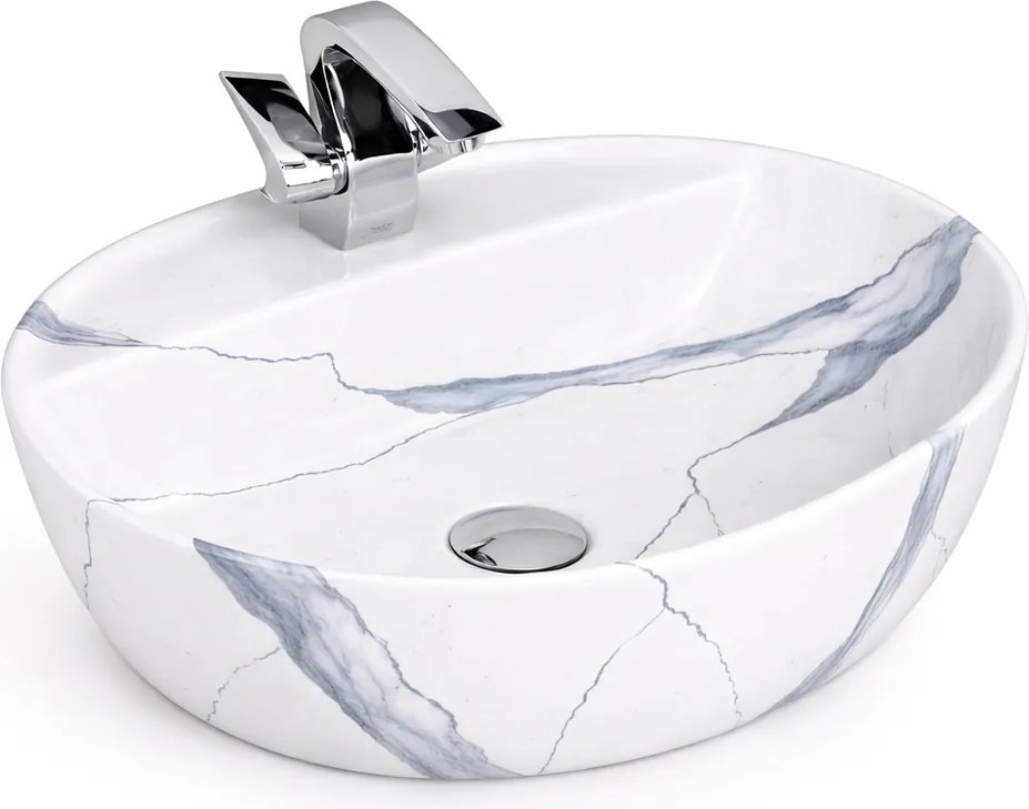 MONTERO-M 50 || Lavoar montat pe blat, ceramică, alb, cu model marmură, rotunjit