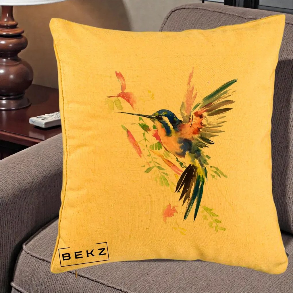 Perna Decorativa Colibri Acuarela, 40x40 cm, Galben, Husa Detasabila, Perna Inclusa, BEKZ®