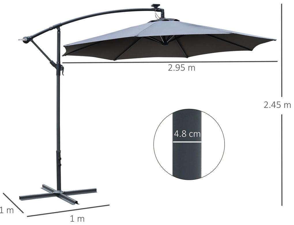 Umbrela Neagra cu manivela si 8 benzi LED Outsunny, Alimentatie Solara | Aosom RO