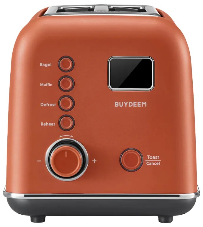 Prajitor de paine BUYDEEM DT730E, 900W, 2 felii, 9 programe automate, 9 trepte de prajire, Carcasa din otel inoxidabil, Afisaj LCD, Indicatori LED, Auto-centrare, Timer, Portocaliu