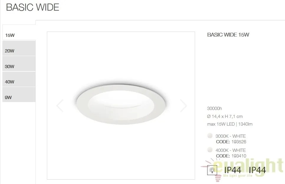 Spot LED incastrabil pentru baie BASIC WIDE 15W 3000K IP44 193526