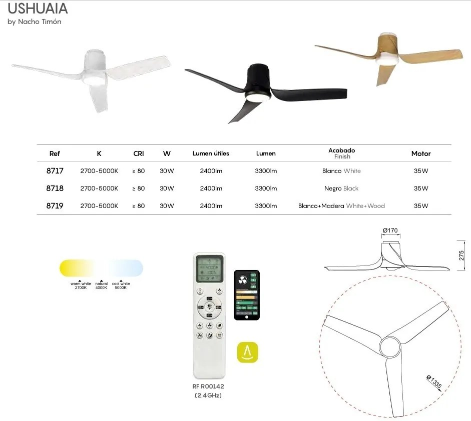 Lustra LED, Ventilator cu telecomanda, USHUAIA aspect lemn MA-8719