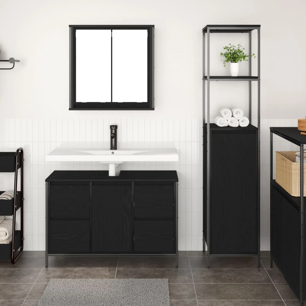 Set de mobilier pentru baie 2 piese vidaXL din lemn ingineresc, stejar negru