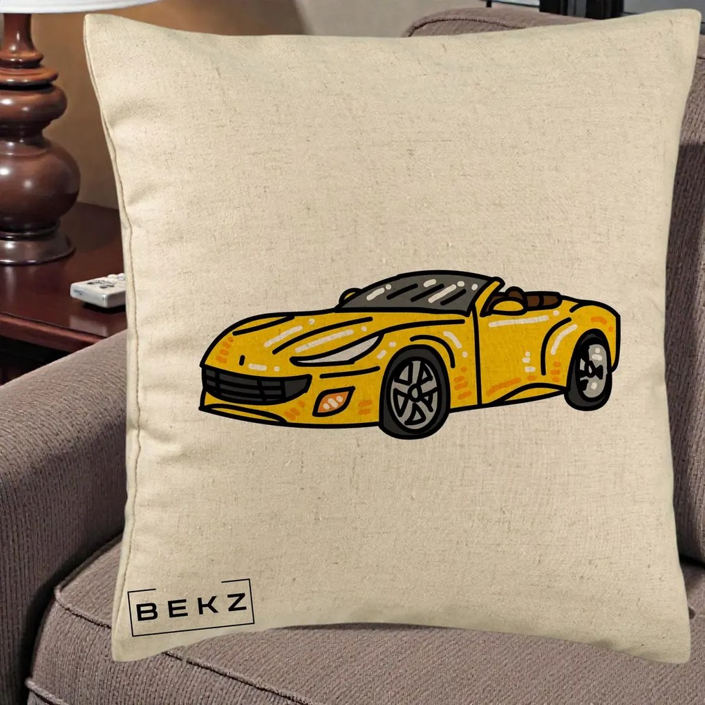Perna Personalizata Masina Cabriolet Galbena Grafic, 40x40 cm, Bej, Husa Detasabila, Perna Inclusa, BEKZ®