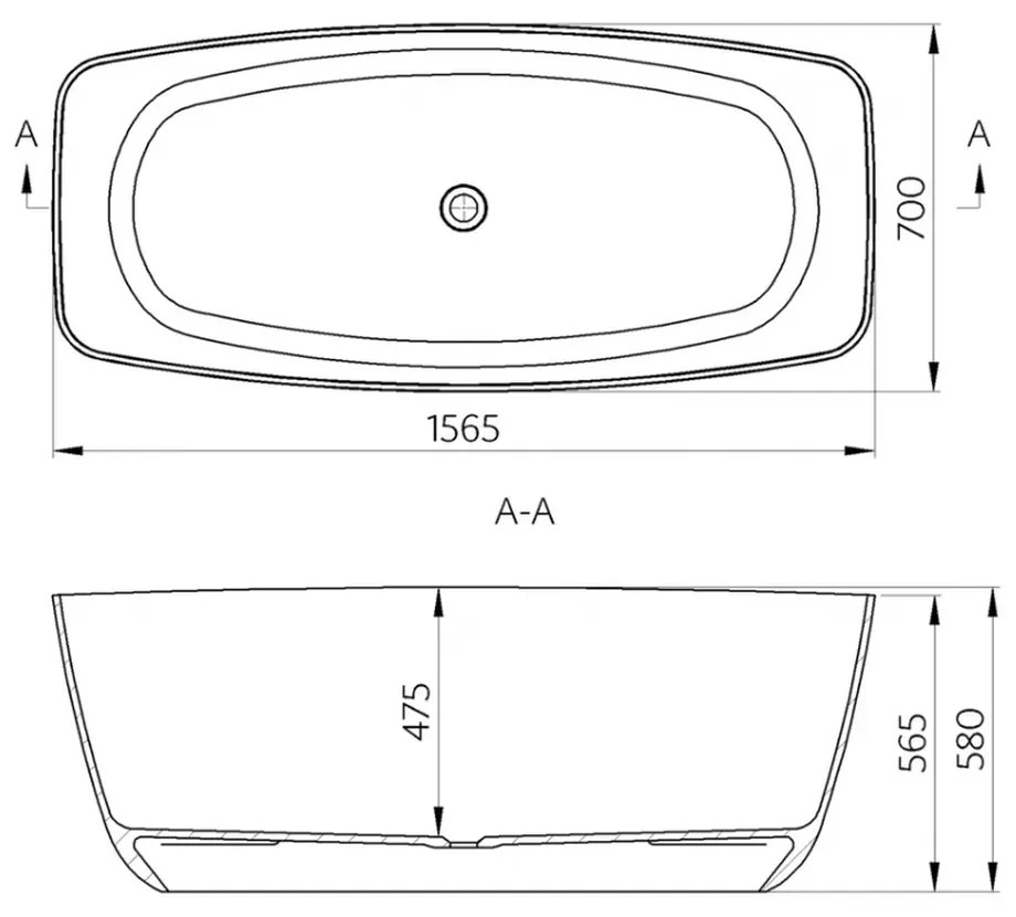 Cada baie freestanding dreptunghiulara, compozit, 156 x 70 cm, Cast Marble Monza