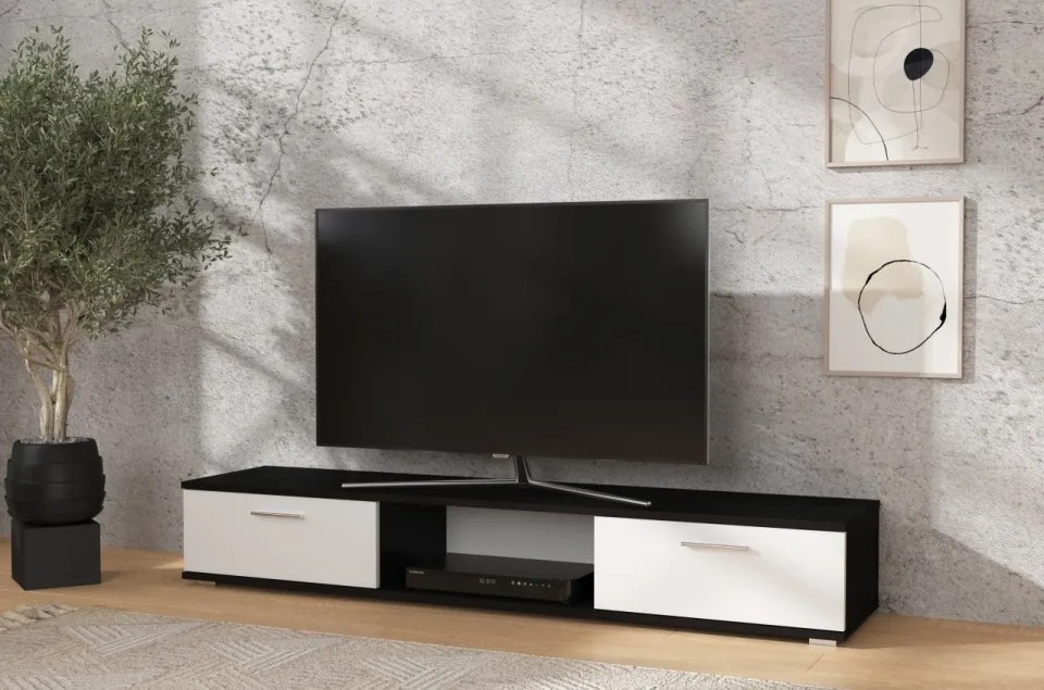 Comodă TV, 176x40x28, Sella, ADRK Furniture (Culoare: Negru Mat / Alb Lucios)