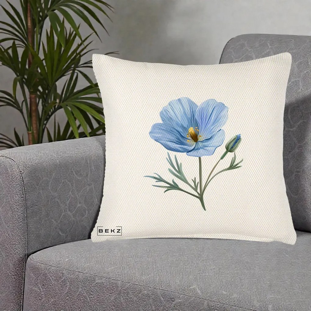 Perna Decorativa Mac Albastru Acuarela, 40x40 cm, Crem Reliefat, Husa Detasabila, Perna Inclusa, BEKZ®