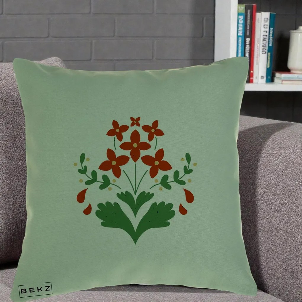 Perna Decorativa Buchet Floral Folk Rosu-Verde, 40x40 cm, Verde, Husa Detasabila, Perna Inclusa, BEKZ®