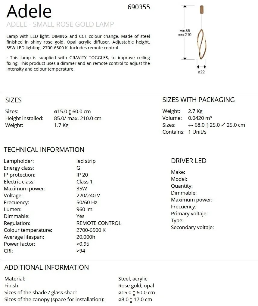 Lustra LED CCT cu telecomanda si inaltime reglabila Adele Small
