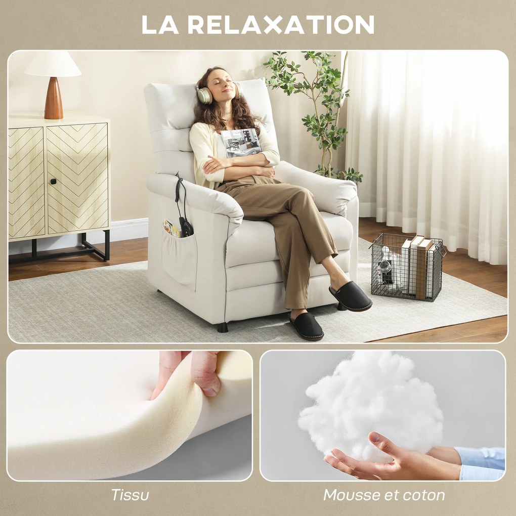 HOMCOM Fotoliu relax electric masaj și încălzire, fotoliu inclinabil, suport pentru picioare, motor silențios, 82x99x106cm, crem | Aosom Romania