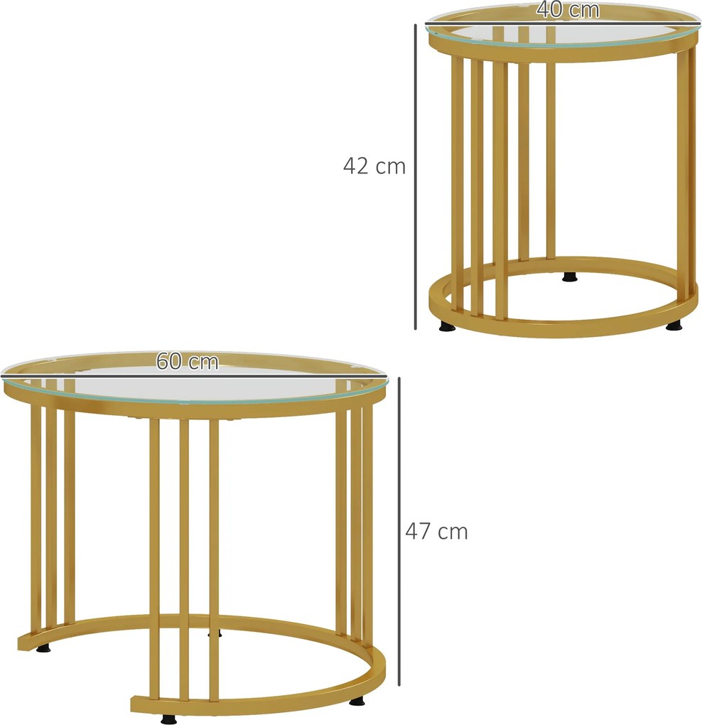 HOMCOM Set de 2 mese laterale înglobabile rotunde 60/40 cm blat sticlă temperată și picior din oțel carbon design modern aurit | Aosom Romania