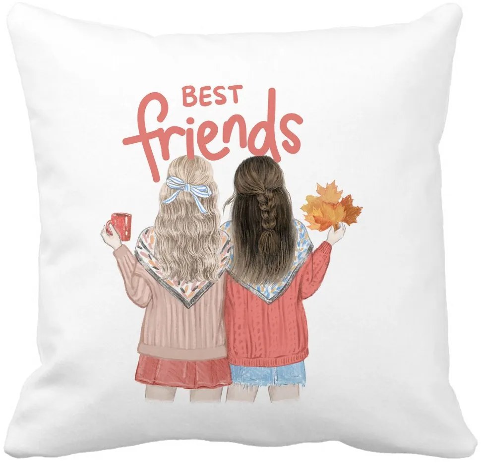 Perna Decorativa, Best Friends, 40x40 cm, Alba, Mata, Husa Detasabila, Burduf