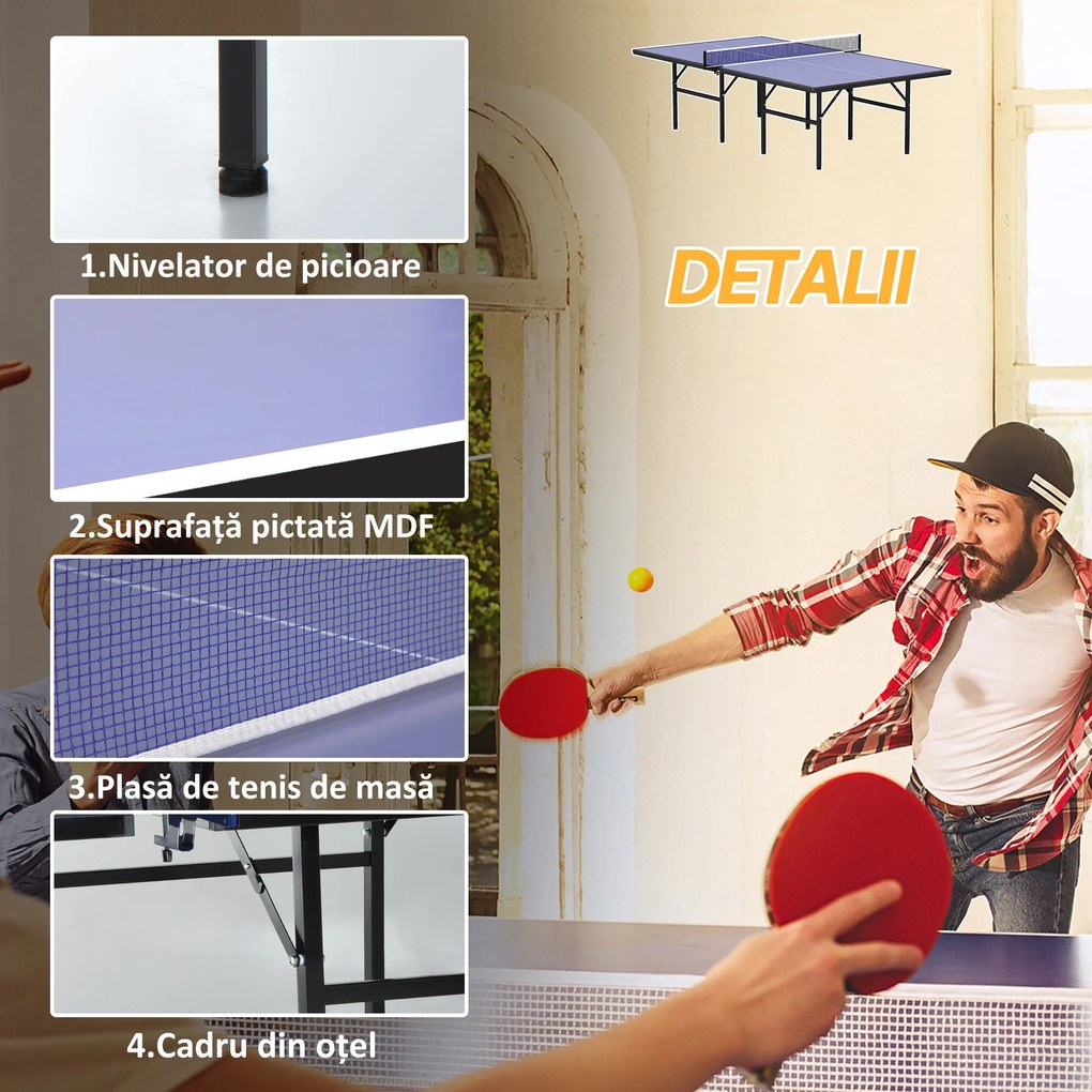 HOMCOM Masa de Ping Pong Pliabila pentru Interior si Exterior in Lemn MDF si Otel, Albastru Inchis 152.5x274x76cm | Aosom Romania