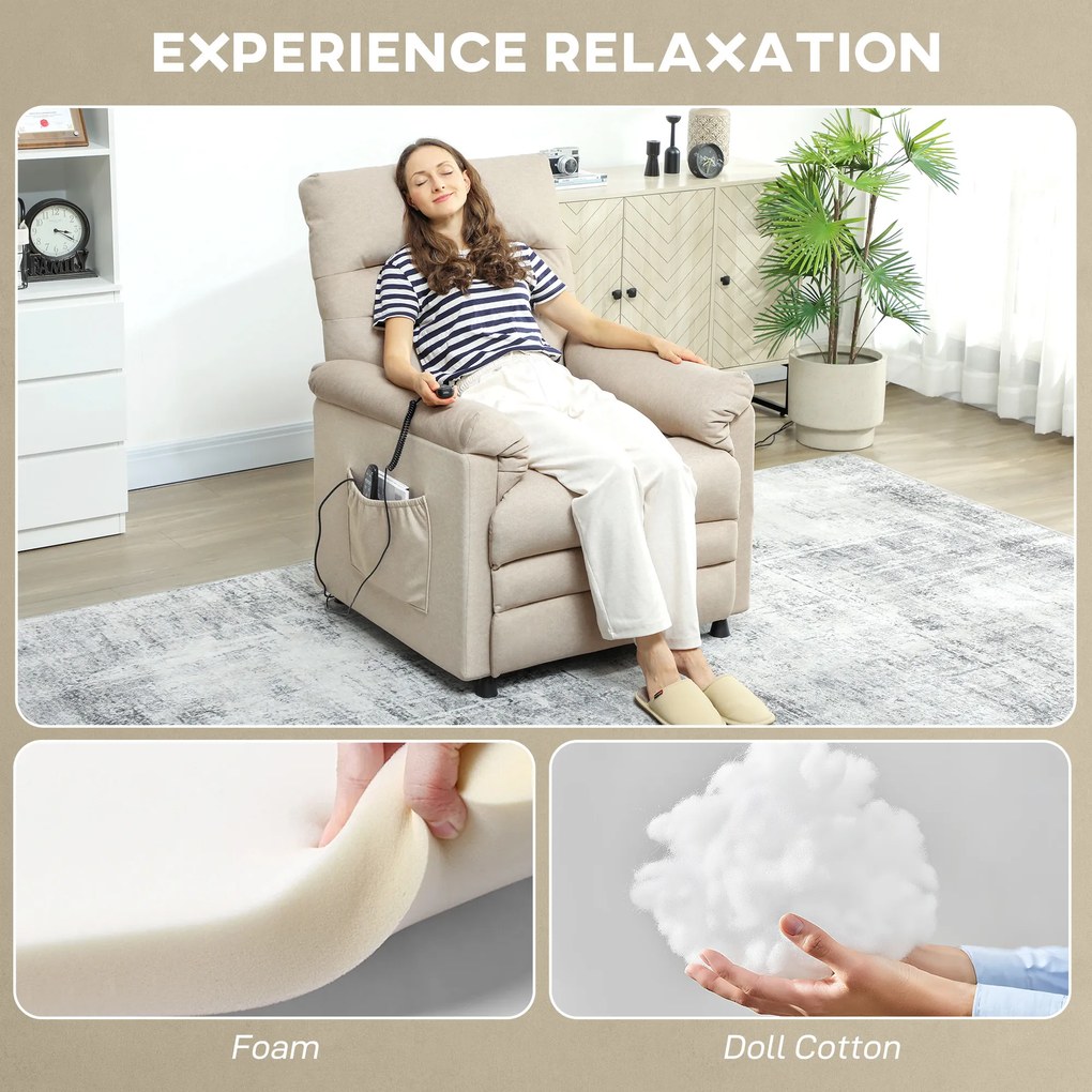 HOMCOM Fotoliu Relaxant Electric cu Masaj și Încălzire, cu Suport pentru Picioare, Silențios, Reclinabil 150° în Material Catifelat Prietenos cu Animalele, cu Funcție de Memorare, 2 Telecomenzi pentru Sufragerie, Bej | Aosom Romania