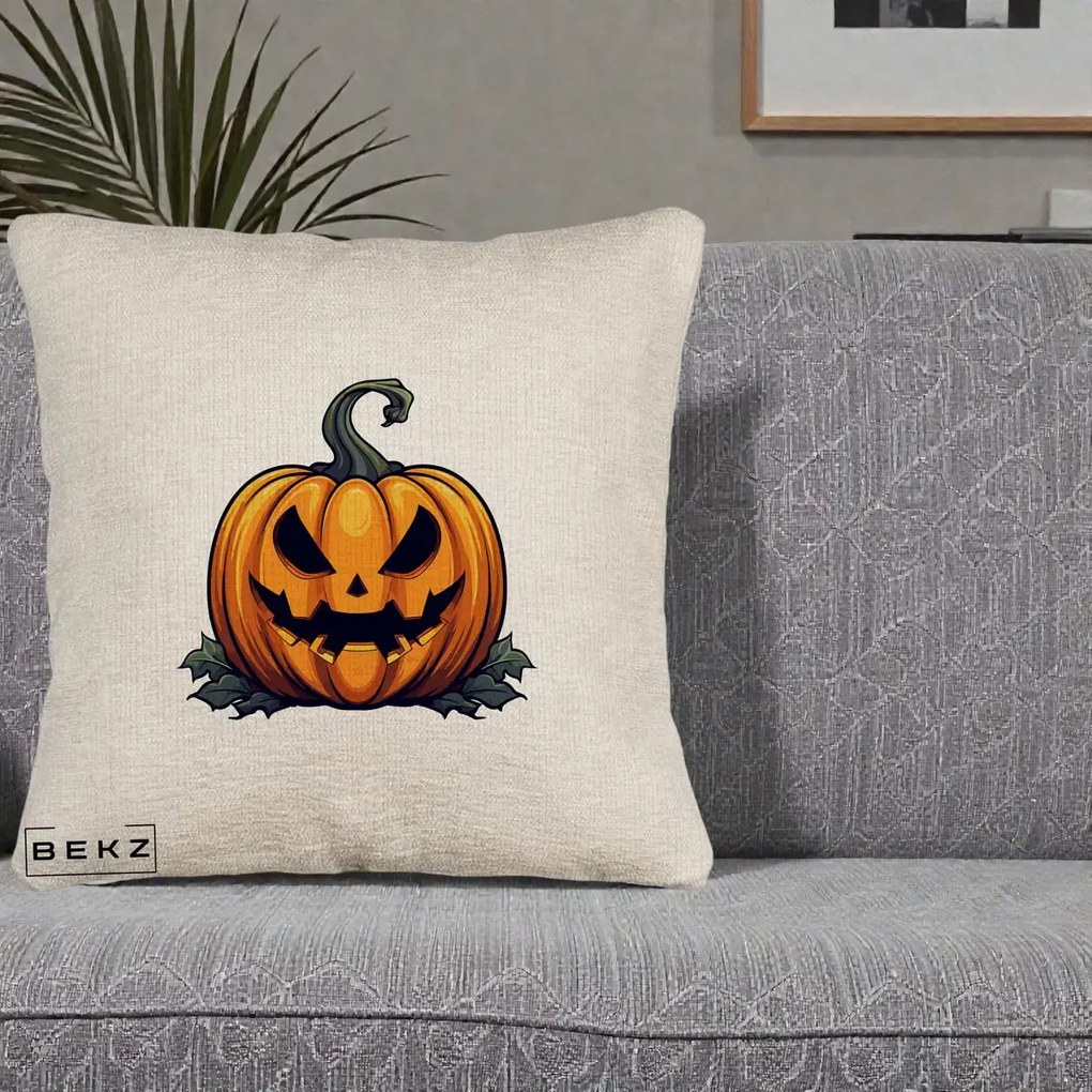Perna Decorativa Halloween Jack-o'-Lantern Infricosator, 40x40 cm, Bej Canapea, Husa Detasabila, Perna Inclusa, BEKZ®
