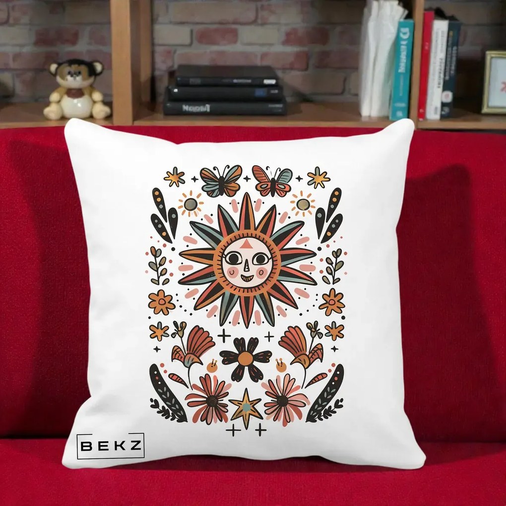 Perna Decorativa Soare Boho Folk Fluturi, 40x40 cm, Alba Mata, Husa Detasabila, Perna Inclusa, BEKZ®