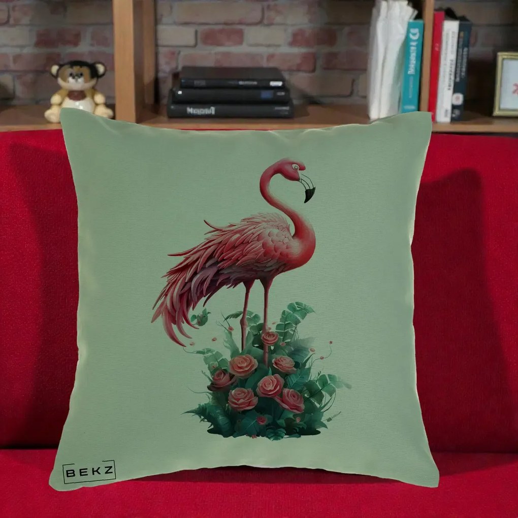 Perna Decorativa Flamingo cu Trandafiri Tropicali, 40x40 cm, Verde, Husa Detasabila, Perna Inclusa, BEKZ®