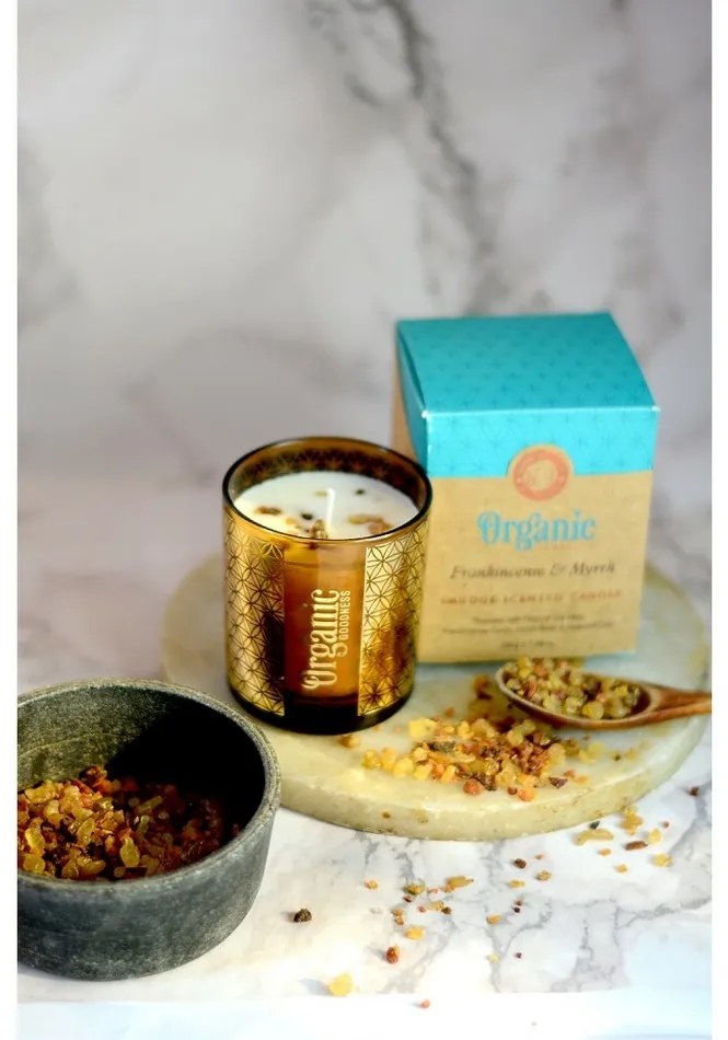 Lumânare aromată organică Frankincense & Myrrh200 g în sticlă cu folie aurie