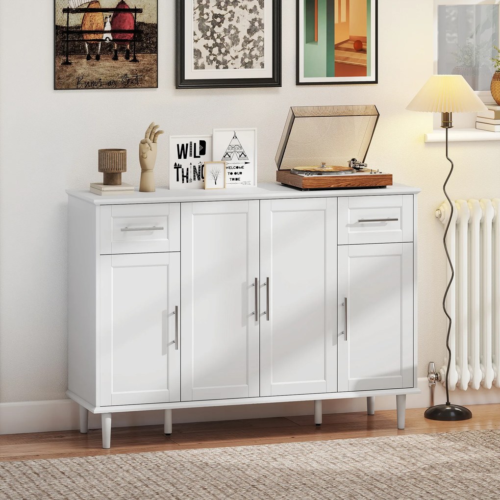 HOMCOM Mobilier de Sufragerie, Credență cu 2 Sertare și 3 Dulapuri cu Rafturi Reglabile, Comodă cu Picioare din Pin pentru Sala de Mese și Bucătărie, 120x38x86 cm, Alb | Aosom Romania