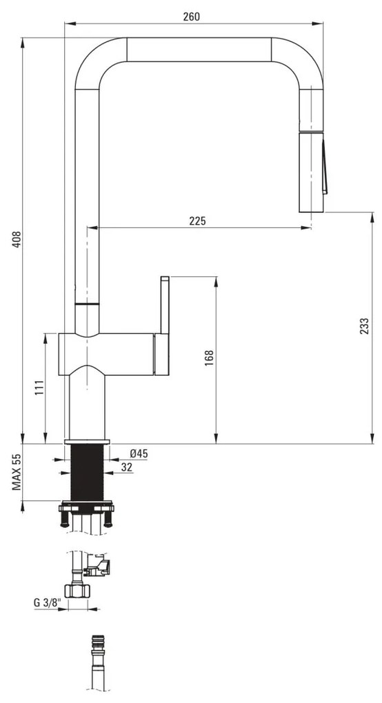 Baterie pentru chiuveta bucatarie, crom, cap mixer, 2 tipuri de jet, dus extractabil, Deante Momi Crom