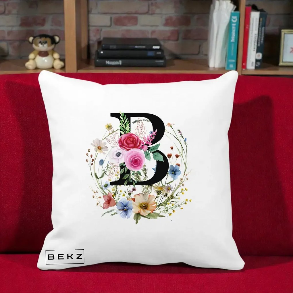 Cadou Personalizat - Perna Personalizata Monogram Litera B cu Flori Acuarela, 40x40 cm, Alba Mata, Husa Detasabila, Perna Inclusa, BEKZ®
