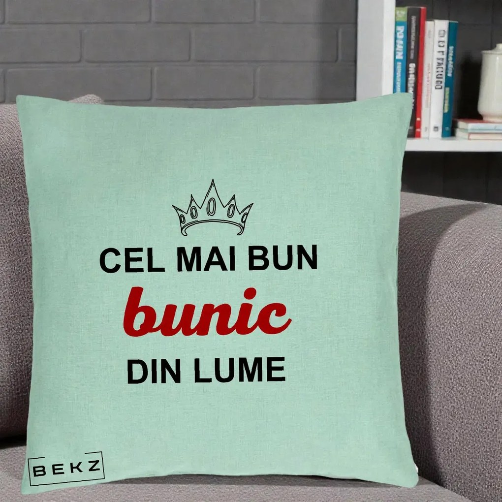 Cadou pentru Bunic - Perna Personalizata Cel Mai Bun Bunic Din Lume Coroana Rosu, 40x40 cm, Verde Menta, Husa Detasabila, Perna Inclusa, BEKZ®
