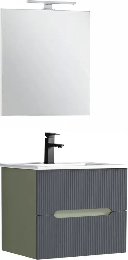Trent mobilier de baie 60 cm chiuvetă ceramică (2 sertare) cu oglindă 60x80 cm verde măslin-gri antracit