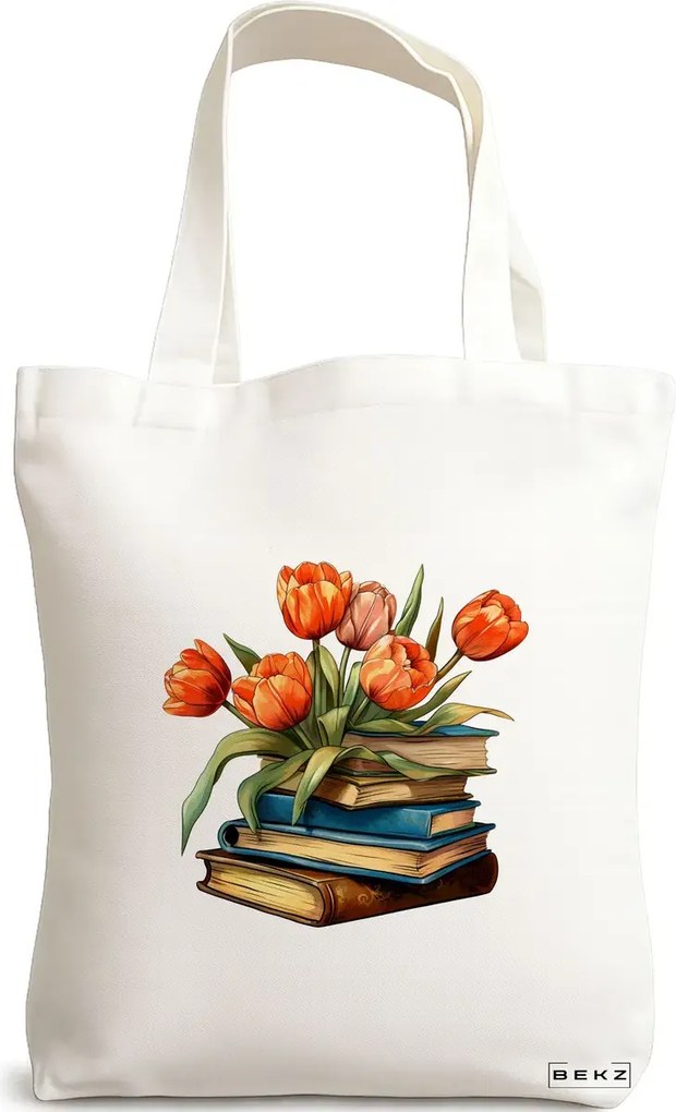 Sacosa de Panza pentru Cumparaturi, Geanta Tote, model Books and flowers 12 38 x 34.5 cm, Alba, BEKZ®