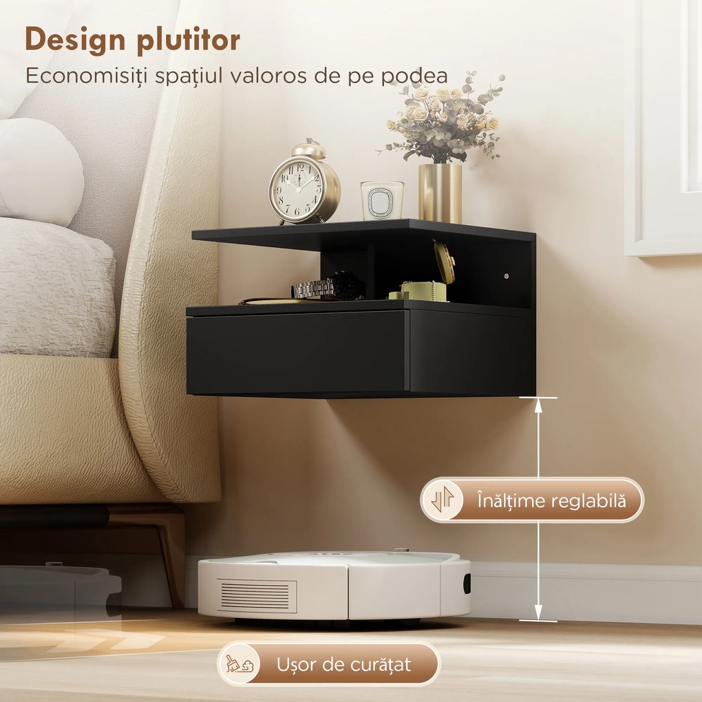 HOMCOM Set de 2 Noptiere Suspendate cu Sertar și Raft Deschis, 35x32x22.5 cm, Negru | Aosom Romania