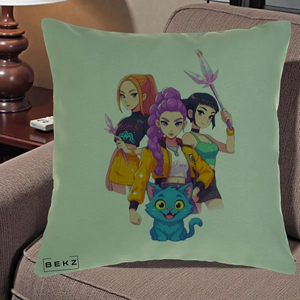 Perna Personalizata K-pop HUNTRX Trio cu Pisica si Cristale, 40x40 cm, Verde, Husa Detasabila, Perna Inclusa, BEKZ®