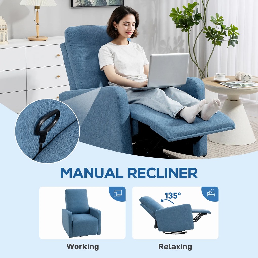 HOMCOM Fotoliu Relaxant Reclinabil Manual la 135°, Rotativ la 360° cu Funcție de Balans, Albastru | Aosom Romania