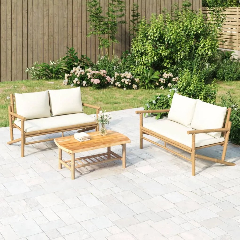 3156473 vidaXL Set mobilier de grădină, cu perne alb crem, 3 piese, bambus