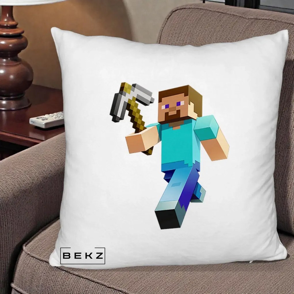Perna Personalizata Minecraft Steve cu Tarnacop, 40x40 cm, Alb Pufos, Husa Detasabila, Perna Inclusa, BEKZ®